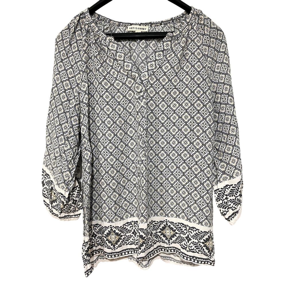 Artisan NY Boho Blouse Tunic Top Size M Medium Patterned V Neck Rayon Flowy